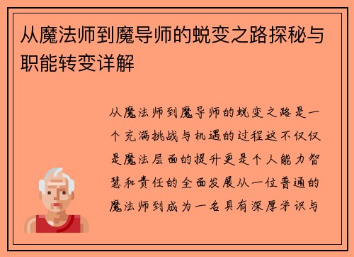 从魔法师到魔导师的蜕变之路探秘与职能转变详解