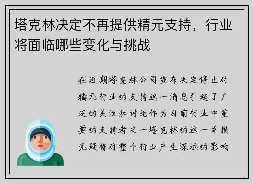 塔克林决定不再提供精元支持，行业将面临哪些变化与挑战